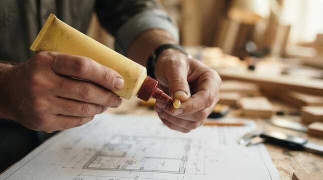Middle-aged male carpenter applying wood glue onto a dowel in a carpentry workshop with architectural blueprints