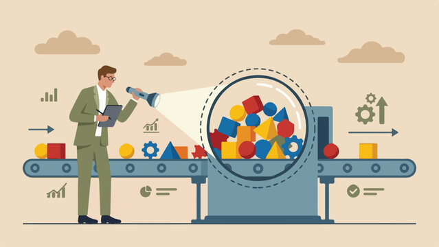 Process optimization concept vector with business analyst inspecting assembly line bottleneck
