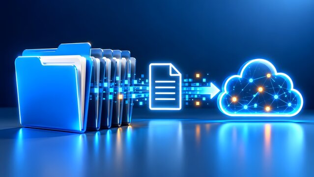 Row of blue folders transferring glowing file to digital cloud network. Concept of cloud computing, data migration and server backup.