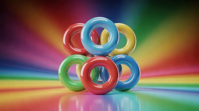 Stack of glossy colorful torus rings on a vibrant rainbow gradient background