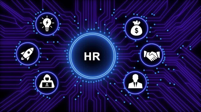 Digital human resources management concept featuring animated for recruitment, salary, leadership, innovation, and cybersecurity on a futuristic glowing blue circuit board background technology
