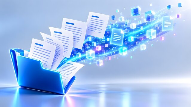 Paper documents flying from a blue folder and transforming into glowing cubes. Concept of cloud data migration and paperless office automation.