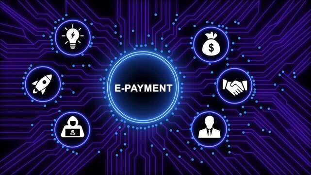 Advanced e-payment digital infrastructure concept featuring futuristic circuit board background, with animated financial, secure transaction technology, global banking networks, and cyber security