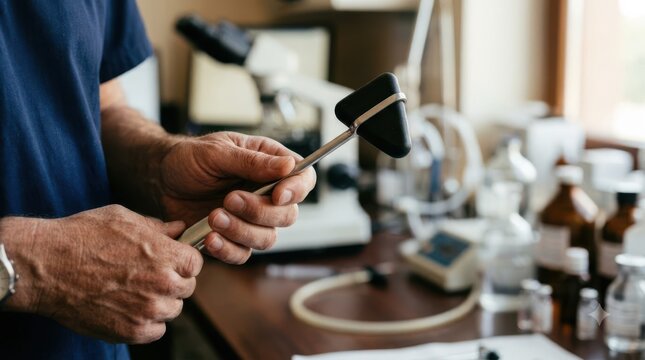Middle aged male doctor holding a reflex hammer in a medical laboratory for neurological examination