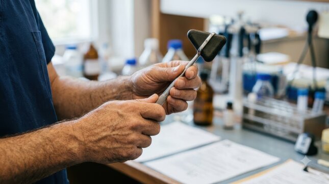 Medical professional holding neurological reflex hammer in laboratory examining diagnostic tool