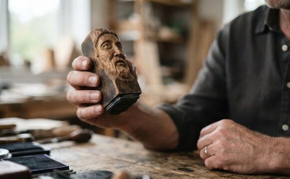 Middle aged caucasian man woodcarver holding a carved wooden portrait stamp in workshop