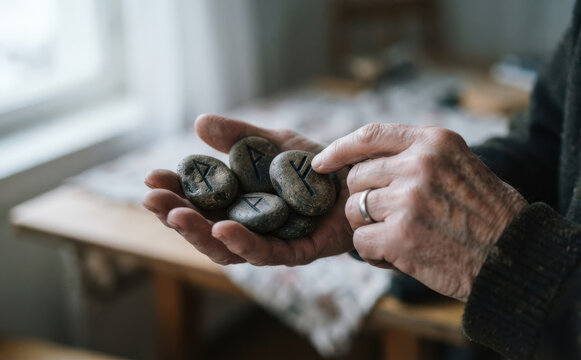 Elderly man holding ancient runestones in hand for divination and spiritual guidance in a rustic room
