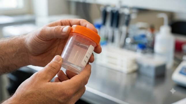 Male laboratory technician holding a specimen container with urine sample for medical testing in a clinical lab