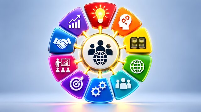 Colorful circular diagram wheel with business icons surrounding a global team symbol. Concept of enterprise ecosystem and corporate management.