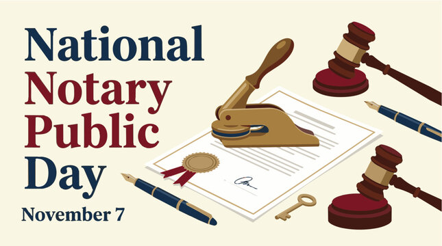 National Notary Public Day greeting with official document stamp and gavel in professional flat illustration for holiday banner