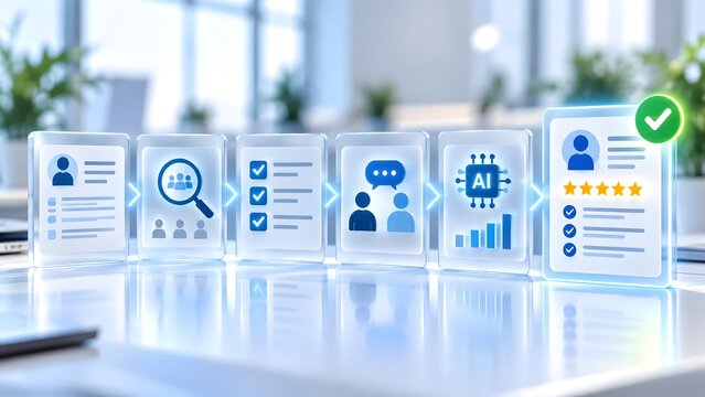 AI recruitment and automated human resources hiring process concept with 3D glass icons and a success checkmark