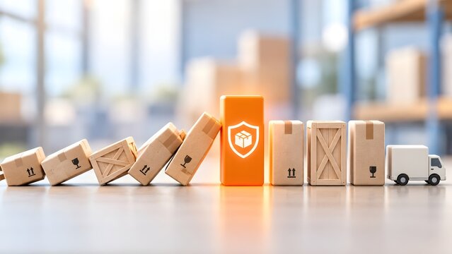 Supply chain risk management and logistics cargo insurance concept with a glowing shield stopping falling wooden boxes