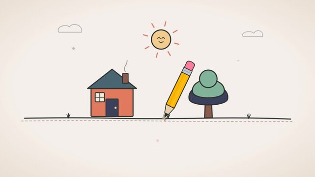 Animated yellow pencil sketching a small red house in flat vector style