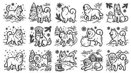 Obraz premium Winter dog breeds doodle set featuring fluffy pets in snowy landscapes with festive holiday elements