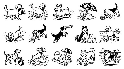 Obraz premium Beach dog breeds doodle set featuring various canine activities in a hand drawn vector style
