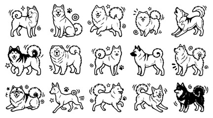 Obraz premium Hand drawn curly tailed dog breeds doodle set isolated on white background for graphic design