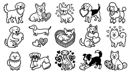 Obraz premium Valentine Day dog breeds doodle set with hearts for greeting cards and romantic design projects