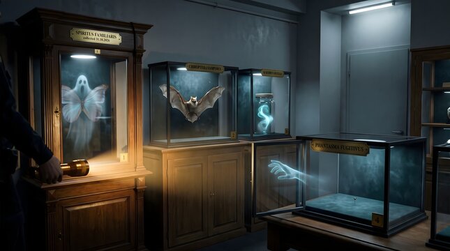 Eerie museum gallery display cases showcasing translucent glowing ghostly apparitions in a dimly lit setting with paranormal supernatural apparitions lighting spectral