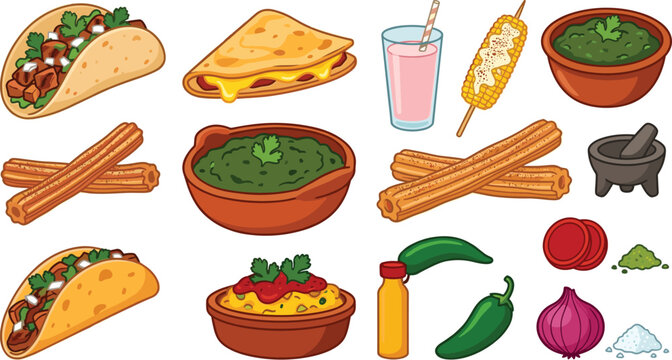 Mexican Food and Ingredient Illustration Set with Tacos, Quesadillas, Churros, Corn, Guacamole, Salsa, Peppers, Onions, and Sauces