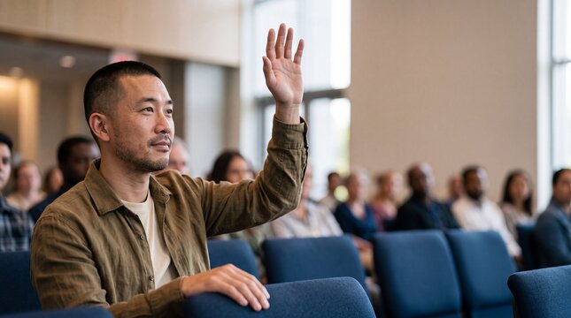 Attentive asian man raising his hand while sitting among audience in auditorium hall. Active citizen participating and asking question during public town meeting session.