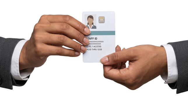 Businessman hand passing a staff identification card with smart chip png isolated on transparent background