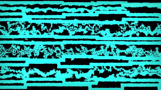 Abstract cyan glitch motion graphics on black background with distorted digital signal and static effect