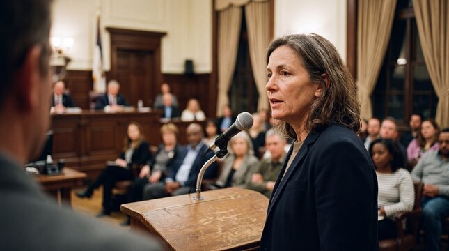 Concerned caucasian woman speaking into microphone at podium in council chamber. Active citizen participating in public hearing during local government town meeting.