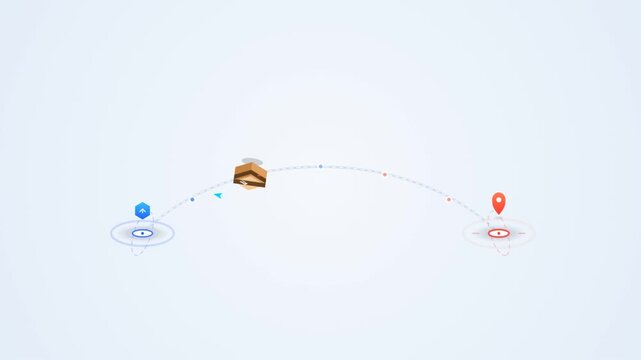Delivery box traveling along a curved shipping route animation
