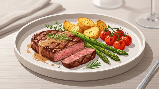 An illustrated plate of juicy beef steak with sauce, roasted potatoes, asparagus, and cherry tomatoes on a dining table.   