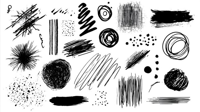 Hand drawn black doodle scribbles with abstract shapes, bursts, lines, circles and sketch marks, ideal for annotations, social media and graphic design Stock Illustration