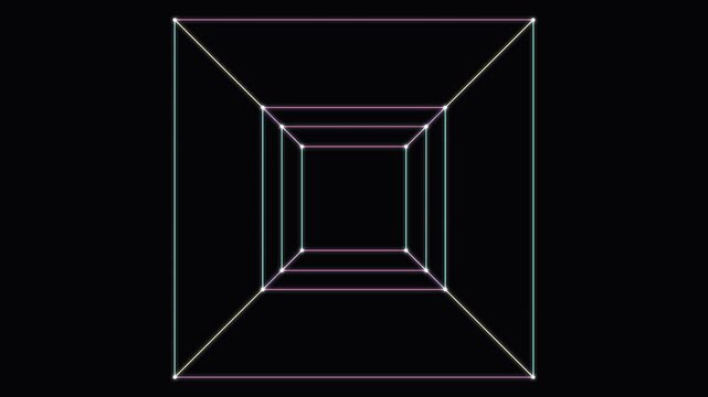 Abstract geometric hypercube animation with glowing lines forming a futuristic tunnel, digital art