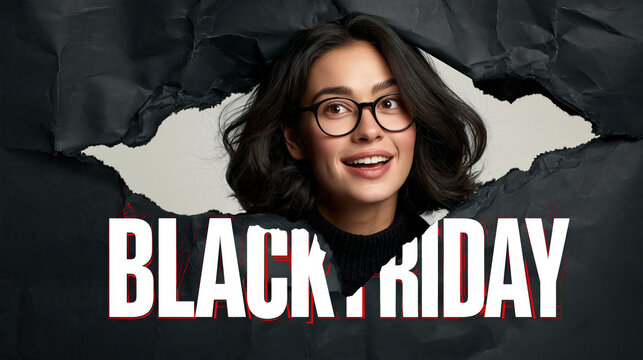 Young woman in glasses peeking through torn black paper with Black Friday text, looking excited.