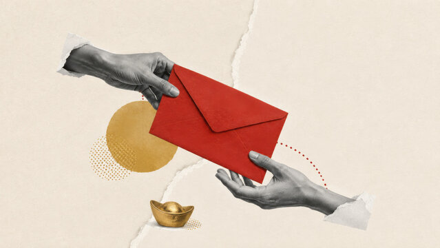 Two hands passing a hongbao envelope across torn paper, gold ingot below. Chinese New Year lucky money, gift giving and Lunar New Year tradition background
