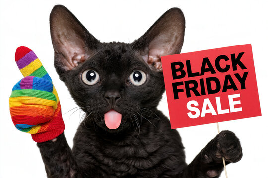 A black cat wearing a rainbow thumb mitten, sticking its tongue out, and holding a red sign that says BLACK FRIDAY SALE celebrates the shopping event in a studio setting.