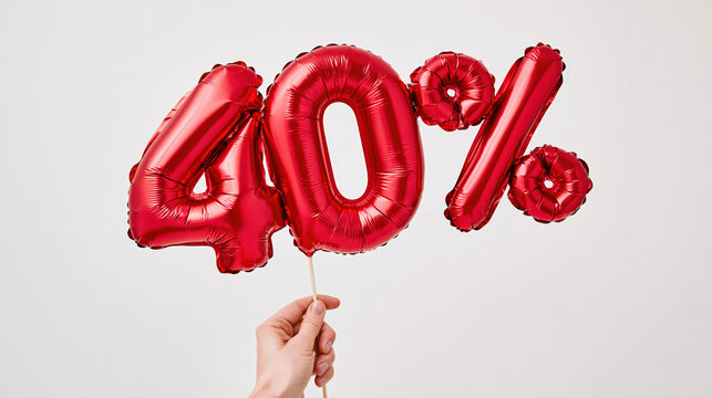 Red inflatable balloons spelling out 40% held by a hand against a light gray background, symbolizing a discount or a sale.