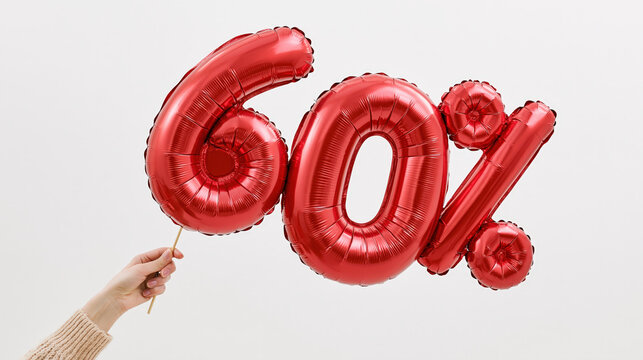 Red balloons in the shape of 60% are held by a person's hand, symbolizing a discount or percentage.