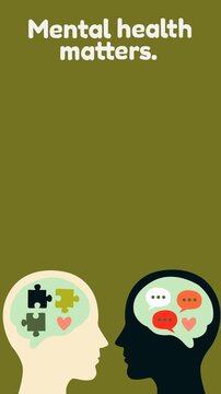 Mental health awareness motion graphic featuring two connected minds with puzzle pieces, hearts, and speech bubbles, symbolizing communication, understanding, emotional wellness, and mindful support