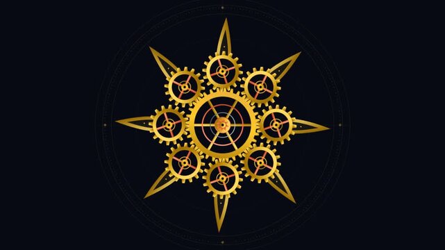 Golden gears assembling into intricate mechanical pattern on dark background