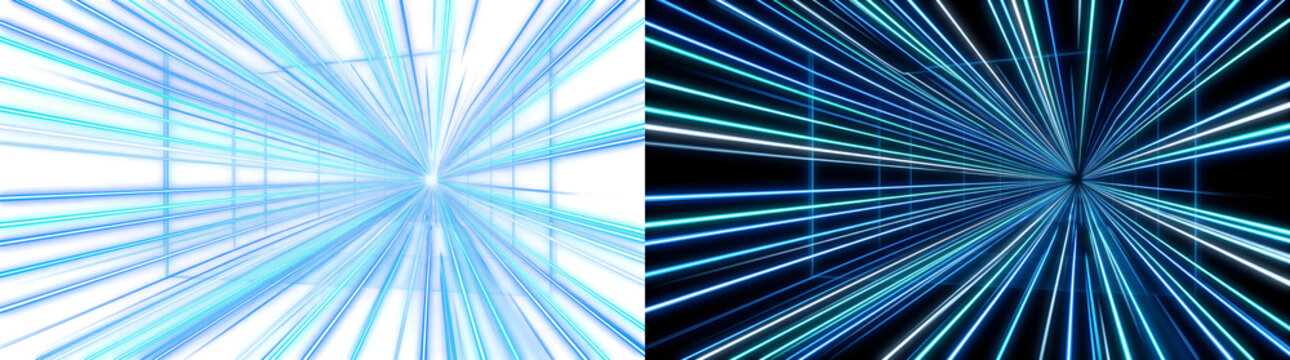 Warp Speed of glowing blue light rays bursting from a central vanishing point with PNG, Transparent and Black Background Versions