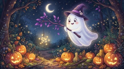 Obraz premium Friendly ghost wearing a witch hat hovering over a path with glowing jack o lanterns at night