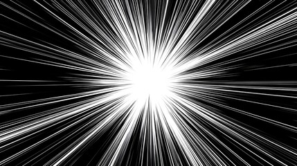 Fototapeta premium Intense radial manga speed burst effect, high-contrast black and white comic book action lines converging to a bright center, explosive motion background with dense straight radial lines