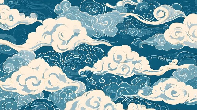Japanese-modern cloud background elements: Brush-style auspicious clouds and Japanese pattern decorations Stock Vector