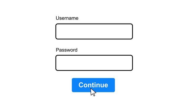Login Form UI Animation with Cursor Clicking Username and Password Fields, Typing Effect, and Continue Button Press for Authentication, Website, and App Interface Desig in 4k motion graphics video.