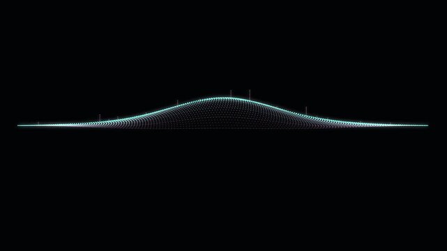 Abstract sound wave visualization digital pulse animation with glowing particles on dark black background