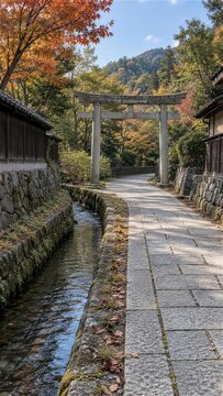 小さな水路に沿って鳥居へ続く秋の石畳