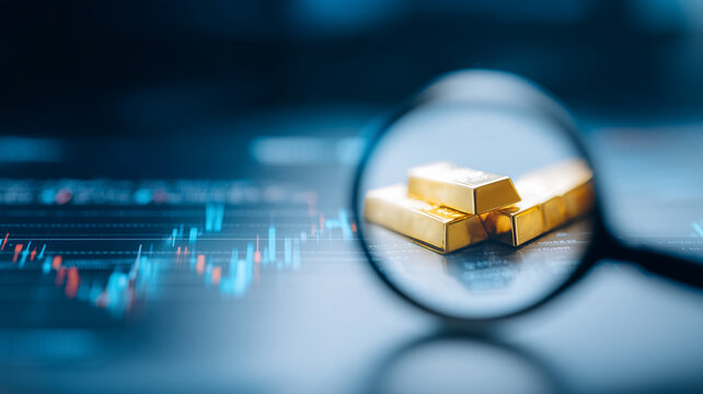 A magnifying glass focuses on gold bars beside market charts representing investment analysis commodity trading and financial research.
