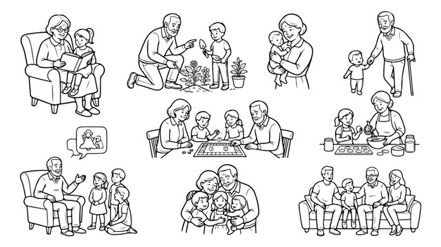 Grandparents and grandchildren line art vector set, senior family bonding scenes, black and white linear illustrations of grandparents with kids