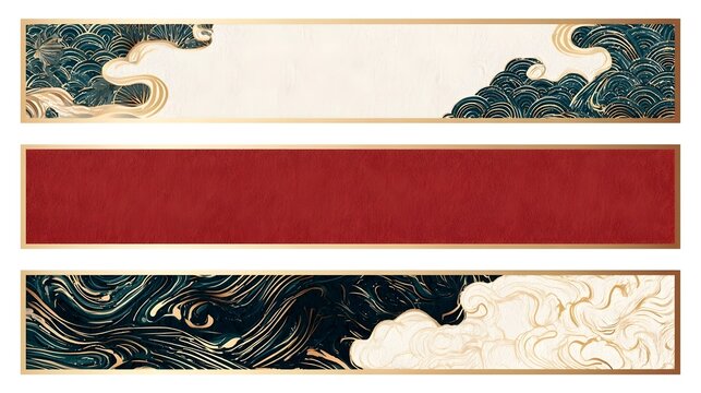 Japanese-style frame background assets (simple banners with gold lines and traditional patterns; designs with negative space) Stock Vector