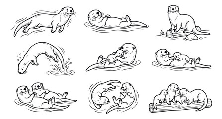 Cute otter line art vector set, hand drawn sea otter illustration bundle, minimal black and white aquatic animal clipart collection for designs © Fakhra