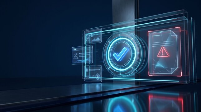 Futuristic digital interface showing high-speed data processing and enhanced security verification with glowing blue holographic checkmark and red warning icons for software optimization.